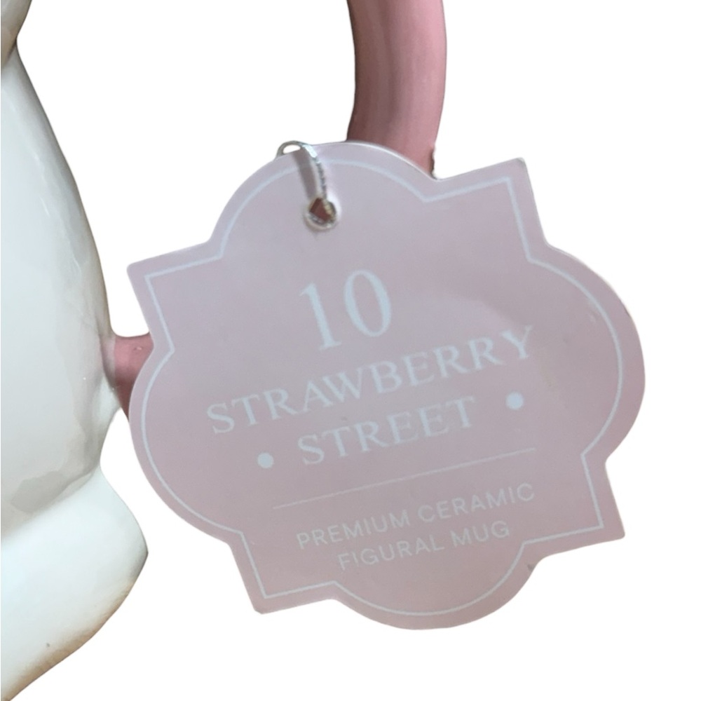 10 Strawberry Street White Cat Figural Mug Pink Handle Hanging Tag - Picture 2 of 5